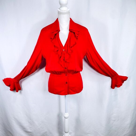 Vintage ESCADA Womens Silk Red Spanish ruffle Flare Long Sleeve Blouse 34 / S - Picture 7 of 16